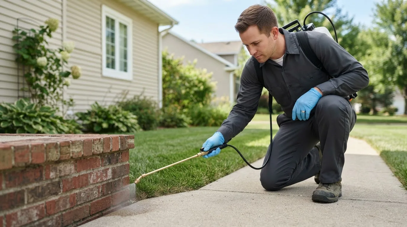 Pest control technician treating a home near White Hall, MD